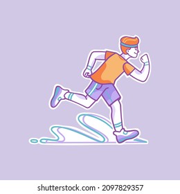 Illustration of a red-haired guy who is running. He is on his way to success. Dressed in a sports uniform consisting of: T-shirt, shorts and sneakers.