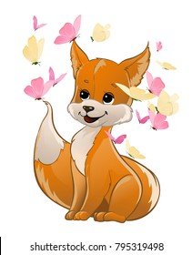 illustration of a red-haired smiling fox and butterfly