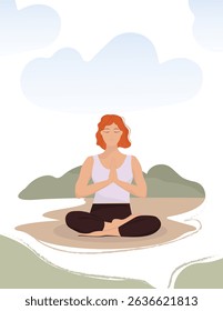Illustration of a red-haired woman sitting in lotus pose with eyes closed and hands in namaste. Peaceful flat design with soft colors and natural background