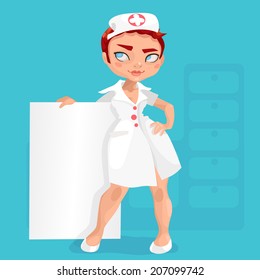 Illustration of red-haired young nurse on a colored background with massage board