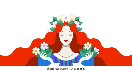 Illustration of redhead woman with wreath of flowers