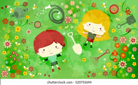 Illustration of a Redheaded Boy and a Blonde Girl Lying in the Midst of Flowers and Gardening Tools