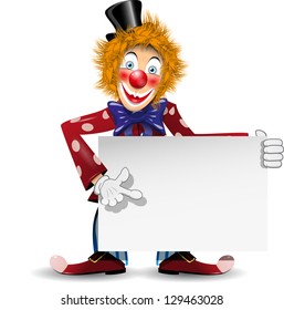 illustration redheaded cheerful clown with a white placard
