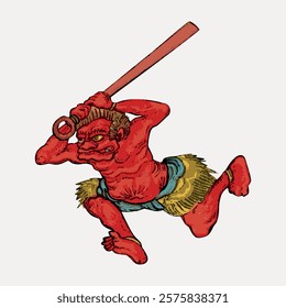 Illustration of a red-skinned oni, a mythical creature from Japanese folklore, holding a club. The oni is depicted in a dynamic pose, wearing a loincloth. Isolated vintage vector element.