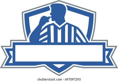 Illustration of a referee umpire official holding blowing whistle in mouth looking to the side viewed from front set inside shield crest with banner done in retro style. 