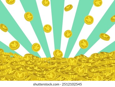 Una ilustración de un fondo refrescante de círculos radiantes y una pila de dinero, yenes y monedas que caen.