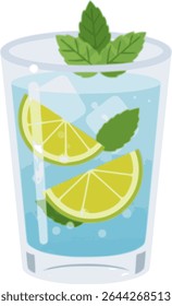 Ilustração de uma bebida refrescante com fatias de limão, folhas de hortelã e cubos de gelo