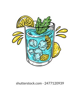 Ilustración de un refrescante vaso de limonada con cubitos de hielo, hojas de menta y rodajas de limón salpicando.