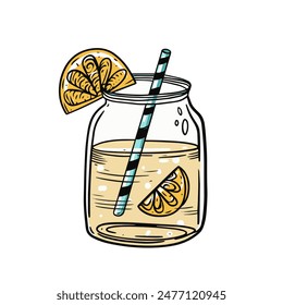 Illustration of a refreshing lemonade drink in a mason jar, garnished with lemon slices and a striped straw.