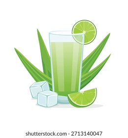 Ilustración de una bebida refrescante de jugo de lima con cubitos de hielo y una rodaja de lima en el vaso, rodeada de hojas de aloe vera sobre un fondo blanco.
