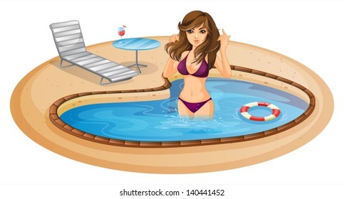 Illustration of a refreshing pool with a sexy lady on a white background