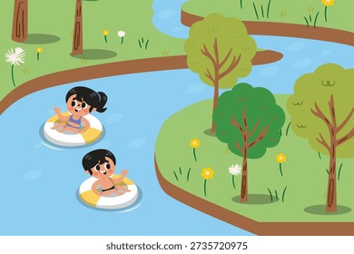 Illustration refreshing scene of two children floating down a calm, winding river on colorful inner tubes, enjoying the beauty of the natural landscape.