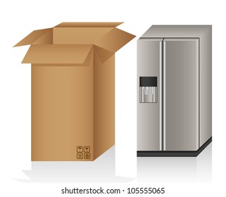 Illustration of a refrigerator ans a box, isolated on white background, vector illustration