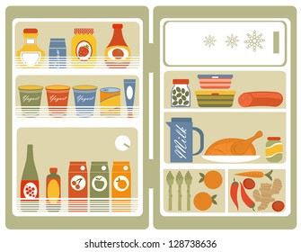 Illustration of Refrigerator with food and drinks