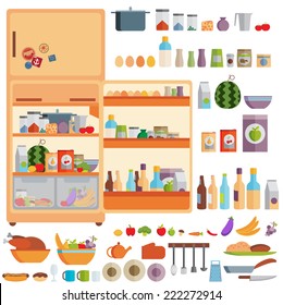 Illustration of Refrigerator with food,drinks and kitchenware