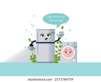 Illustration of a refrigerator and a washing machine with smiling faces and A plus labels, surrounded by eco-friendly elements, representing efficiency and energy savings.