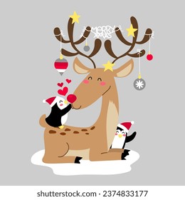  Illustration of a reindeer with antlers decorated with Christmas balls and the phrase Merry Christmas and a penguin kisses him on the nose and another one hides behind him, print design