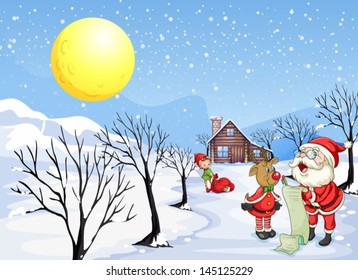 Illustration of a reindeer beside Santa Claus with his list