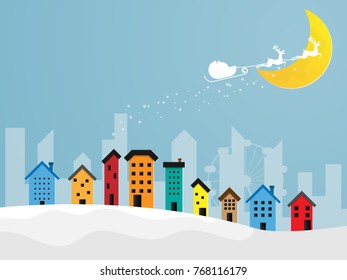 illustration of reindeer flying over colorful city with moon in christmas night vector background