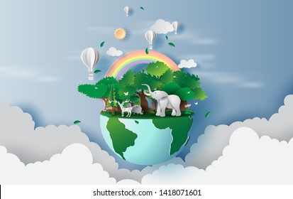 illustration of reindeer in green forest,Creative world environment and earth day concept.landscape Wildlife with elephant in green nature plant by area around balloons on sky. paper cut ,craft.vector