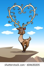 illustration of a reindeer have heart shape horn on nature background