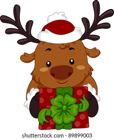 Illustration of a Reindeer Holding a Christmas Gift