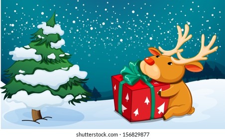 Illustration of a reindeer holding a red gift near the pine tree