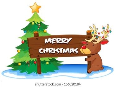 Illustration of a reindeer hugging the wooden signboard for christmas on a white background