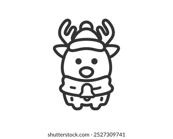 Illustration of a reindeer icon (line drawing) wearing a Santa Claus costume.