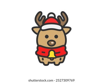 Illustration of a reindeer icon (line drawing color) wearing a Santa Claus costume.