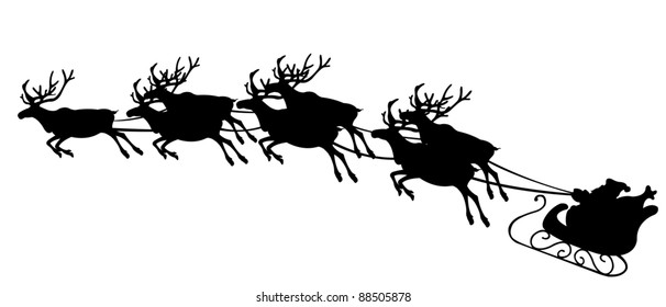 illustration of reindeer pulling Santa`s sled