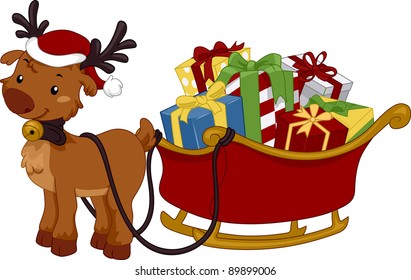 Illustration of a Reindeer Pulling a Sled Full of Gifts