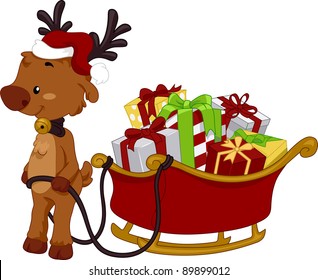 Illustration of a Reindeer Pulling a Sled Full of Gifts