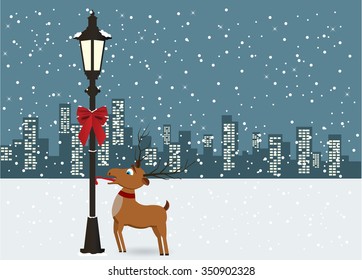 Illustration of a reindeer stuck on lamp city background. Vector illustration

