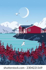 Illustration of Reine, Lofoten Islands, Norway.