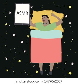 Illustration related to ASMR. Girlhaving good sleep with whispering video from gadget. Flat cartoon style. Vector illustration.
