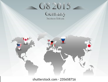 Illustration related to G8 summit in germany in 2015 with eight flags in triangles and with sign placed on world map and year in the middle and with place of meeting 