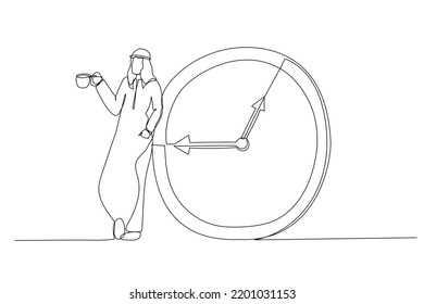 Illustration of relax arab businessman with a cup of coffee or tea with alarm clock. Time to take a break metaphor. One line art style
