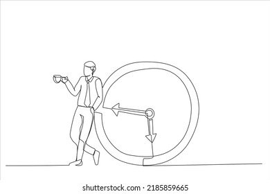 Illustration of relax businessman with a cup of coffee or tea with alarm clock. Time to take a break metaphor. One line art style
