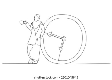 Illustration of relax muslim businesswoman with a cup of coffee or tea with alarm clock. Time to take a break metaphor. One line art style
