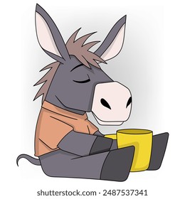 An illustration of a relaxed donkey with closed eyes, wearing a brown shirt and holding a yellow coffee mug.