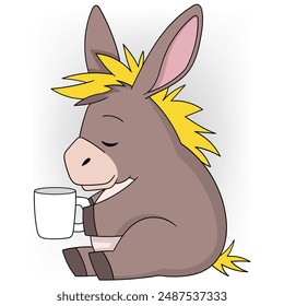 An illustration of a relaxed donkey with a yellow mane, sitting peacefully and holding a white mug of tea.