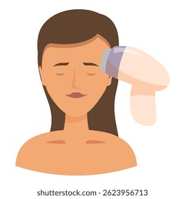 Illustration of a relaxed woman with closed eyes getting a skin tightening treatment with a laser device