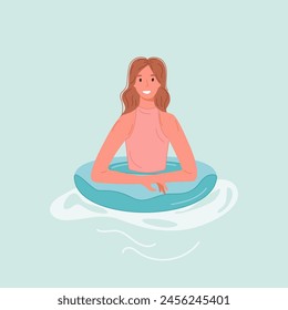Illustration of a relaxed woman floating on an inflatable ring in soft blue water, conveying a sense of peace and leisure.
