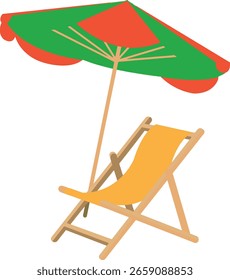 Illustration of a relaxing beach setup with a bright orange deck chair and a vibrant green-red umbrella, perfect for summer vacation, leisure, and seaside holidays.
