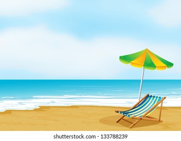 Illustration of a relaxing beach with an umbrella and a foldable bed