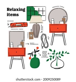 Illustration of relaxing items and dressing table