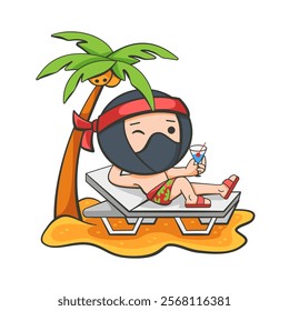 Illustration of relaxing on the beach with a cocktail under a palm tree in a cute cartoon style.