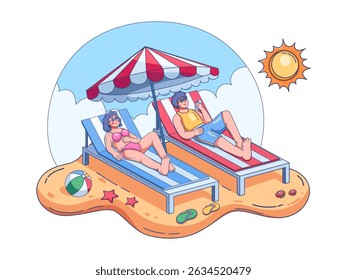 Illustration of a relaxing summer beach scene showing two individuals lounging comfortably on beach chairs under a large umbrella. 