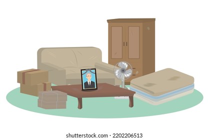 It is an illustration of relics and disused items such as furniture and home appliances.